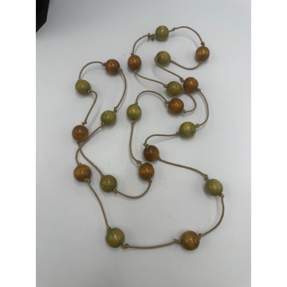 Boho Long Wood Bead Knotted Cord Necklace Green Brown‎ Earthy Natural Statement